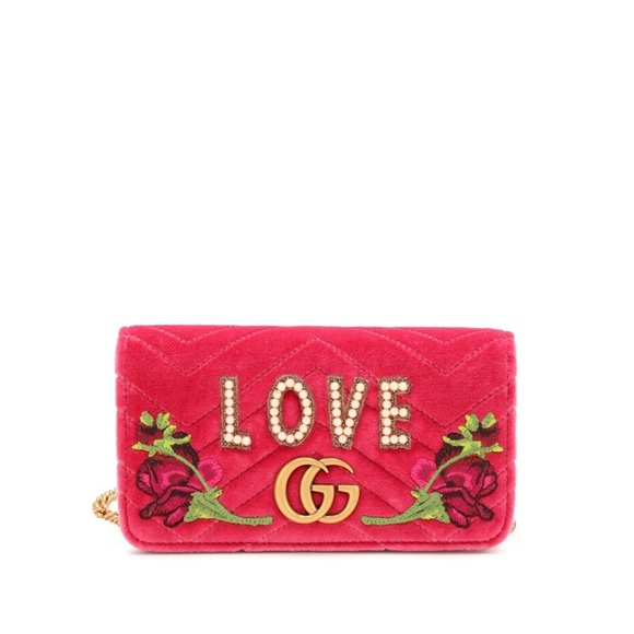 Gucci Fuchsia Love Embroidered Velvet Matelasse GG Marmont Mini Bag - Picture 12 of 16